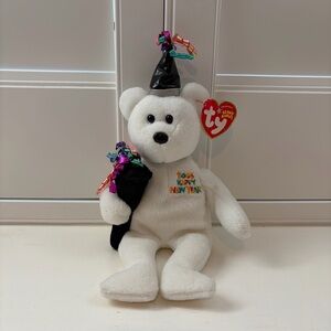 NWT Ty 2006 New Year Beanie Babies White Bear with Festive Hat